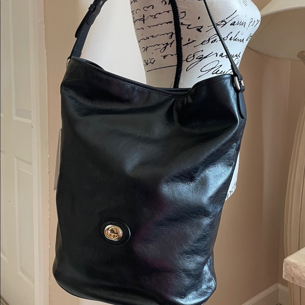 Gucci Marina Black Textured Leather Bucket Bag Interlocking G Logo 574432